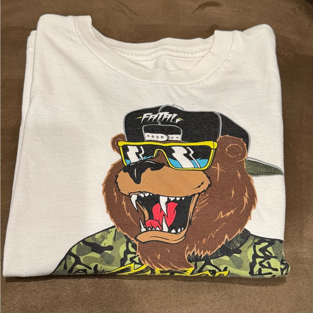Fatal Clothing Line: White Graphic Tee with Bear Street Design kids size large